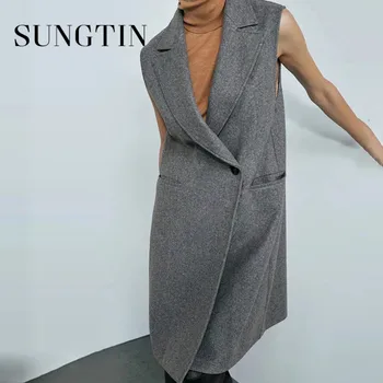 Модный повседневный длинный шерстяной жилет Sungtin, женское пальто с зубчатым воротником, осенняя теплая куртка, пальто, Женская Корейская свободная одежда без рукавов