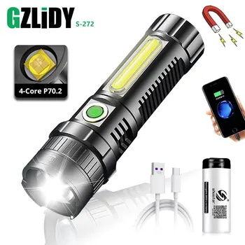 Мощный светодиодный фонарик XHP70.2 USB Перезаряжаемый COB Факел, Водонепроницаемый фонарь с зумом и дисплеем мощности, супер яркий 26650 свет.
