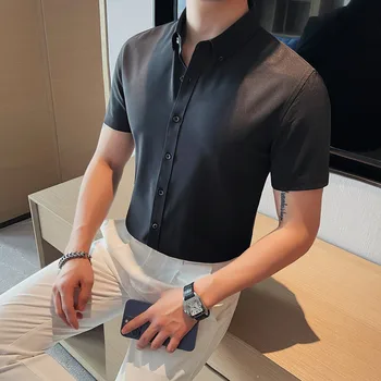 Мужская рубашка поло с коротким рукавом, летняя трикотажная рубашка-кардиган стрейч, модная повседневная однотонная футболка с коротким рукавом