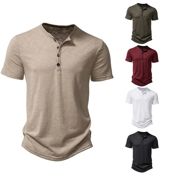 Мужская футболка в стиле ретро, однотонная дышащая рубашка из полиэстера с короткими рукавами, Летний повседневный пуловер с вырезом на пуговицах, свободный топ