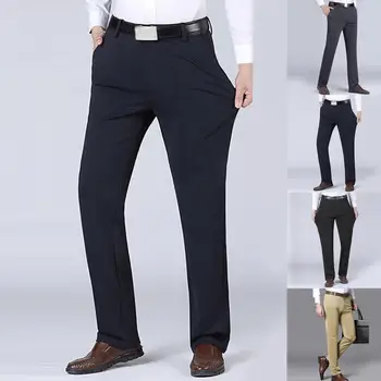 Мужские брюки Однотонные эластичные, весна-осень, прямые свободные брюки со средней талией для бизнеса