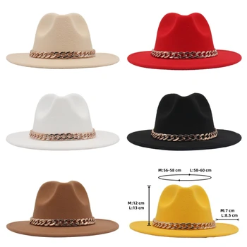 Мужские и женские шляпы унисекс с широкими полями и золотой цепочкой, фетровая панама, джазовые кепки