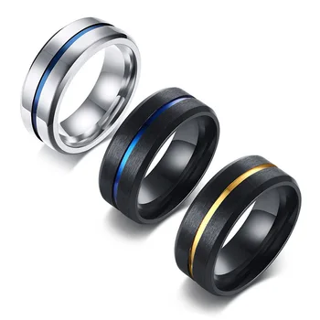 мужские кольца 8 мм Модные ювелирные изделия из титановой стали Мужские кольца Groove Blue Нержавеющая сталь