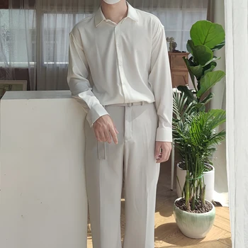Мужские модные рубашки с длинными рукавами в корейском стиле 2023 Весна Осень Мужская однотонная винтажная рубашка Мужская хлопковая блузка на пуговицах B124