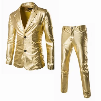 Мужской костюм Slim Fit на 2 пуговицах, комплект из 2 предметов, однотонный блестящий праздничный Золотой Серебряный Черный костюм для мужчин, блейзер для выпускного вечера, куртка и брюки