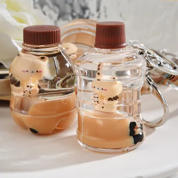 Мультяшный мишка с пузырьковым молоком и чаем, плавающий Жидкий брелок для девочек, Сумка, Подвеска, Милая Кружка, Бутылка для напитков, брелок для ключей, Брелок для ключей X303