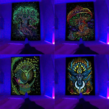 Настенный гобелен с флуоресцентными грибами, светящийся под ультрафиолетовым излучением, Домашний декор с Психоделическими картами Таро, Ночная Светящаяся Мандала, Гобелен