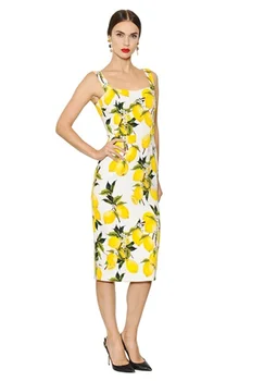 Настройте женскую Летнюю моду Плюс Размер 3XS-10XL, Облегающее платье без рукавов, черное /Белое, Длинные платья с лимонным принтом, Vestidos