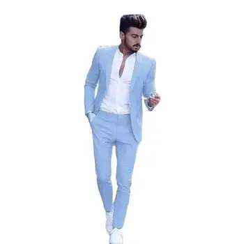 Небесно-голубой мужской костюм Lansboter, 2 предмета, Приталенный деловой повседневный костюм, подходящий для работы, свадьбы, банкета, пиджак с брюками