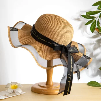 Новая женская соломенная шляпа с широкими полями, летняя модная Солнцезащитная шляпа с кружевным бантом, уличная пляжная кепка с защитой от ультрафиолета, Праздничная панама