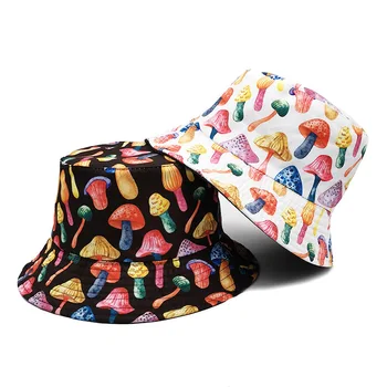 Новая летняя широкополая шляпа с красочным грибным узором, Индивидуальность, Складная Женская Уличная Двусторонняя Повседневная Солнцезащитная панама, кепка-боб