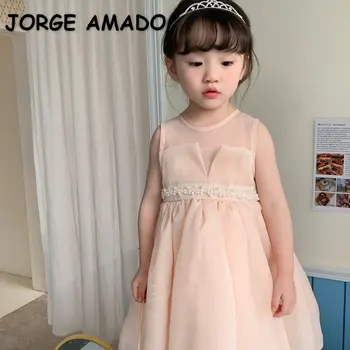 Новое Летнее платье для маленьких девочек в Корейском стиле с круглым воротником, Розово-белый Жилет без рукавов, платье принцессы, одежда для младенцев E1395
