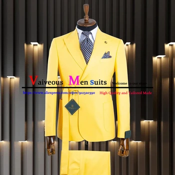 Новое поступление, Повседневный Деловой Мужской костюм Slim Fit, Желтые Классические Мужские Свадебные Костюмы с отворотом, 2 предмета (Блейзеры + брюки), Костюм Homme