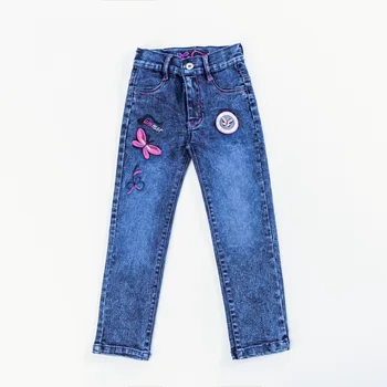 Новые весенне-осенние джинсы с вышивкой в виде бабочки для девочек, Детские прямые джинсовые брюки во всю длину, Легкие от 3 до 12 лет