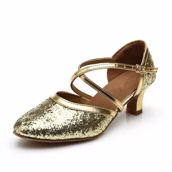 Новые женские туфли для латиноамериканских танцев с блестками золотого цвета высотой каблука 5 см, 7 см, дешевые туфли для танго, бальных танцев Сальсы