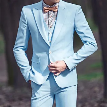 Новые модные Небесно-Голубые Мужские Свадебные костюмы На одной пуговице Классические Деловые Мужские костюмы из 3 предметов (Куртка + Брюки + Жилет) Trajes De Hombre
