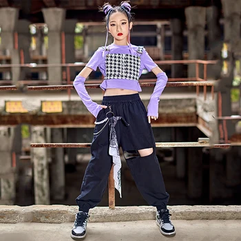 Новый детский джазовый костюм, одежда для современных танцев для девочек, укороченные фиолетовые топы, черные брюки в стиле хип-хоп, наряды для уличных танцев на подиуме BL8118