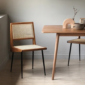 Обеденные стулья из массива скандинавского дерева для столовой, ротанг, креативная дизайнерская мебель для дома, спинка для отдыха, стол и стул ручной работы