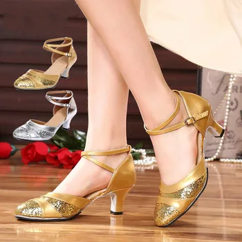 Обувь для взрослых, Новая обувь для квадратного танца с блестками, Дешевая Обувь для сальсы с закрытым носком, женская обувь для латиноамериканских танцев для девочек, популярная обувь для латиноамериканских танцев цвета: Золотистый, серебристый