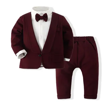 Одежда для 1-го дня рождения ребенка, осенние наряды джентльмена, праздничный костюм для мальчиков 1, 2, 3 лет, однотонные брюки, поддельный комплект из 2 предметов для малышей, свадебный костюм