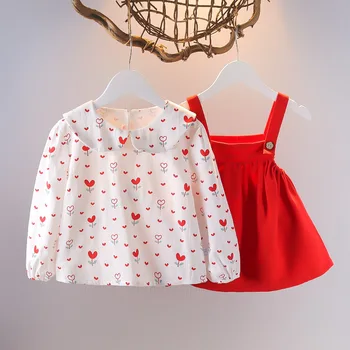 одежда для маленьких девочек, платья с длинными рукавами и цветочным принтом, блузка для малышей, топы + платье на подтяжках, наряды из 2 предметов, одежда