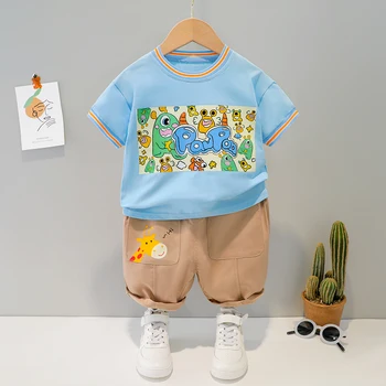 Одежда для мальчиков, летний костюм с героями мультфильмов, модный детский костюм с короткими рукавами и принтом на 1, 2, 3, 4 года, 2 предмета, повседневная детская одежда для детей