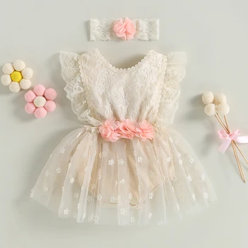 Одежда для новорожденных девочек, летние наряды из 2 предметов, кружевное платье-комбинезон без рукавов с открытой спиной и повязкой на голову, комплект детской одежды