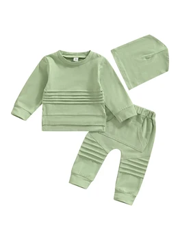 Одежда для новорожденных мальчиков и девочек Хлопковый топ с длинными рукавами, Длинные брюки, однотонная осенне-зимняя одежда со шляпой