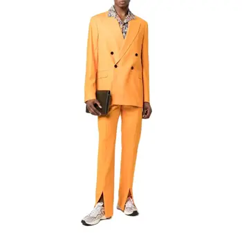 Оранжевые мужские костюмы обычного покроя, двубортные из 2 предметов, широкие брюки с разрезом, Новейший дизайн, классический мужской наряд на заказ