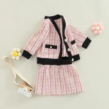 Осенний комплект детской одежды Citgeett для девочек, кардиган с длинными рукавами в клетку, топы на пуговицах и повседневная юбка, осенний комплект одежды
