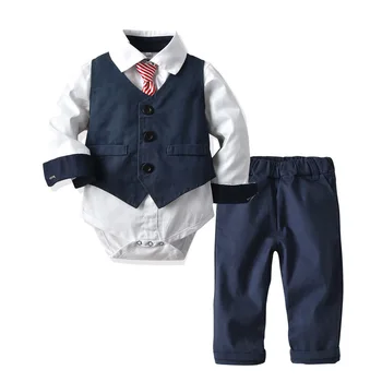 Официальный комплект одежды для мальчика с галстуком, темно-синий жилет, ползунки, штаны на 9-24 месяца, детская шляпа, костюмы для вечеринки, одежда для джентльмена на День рождения