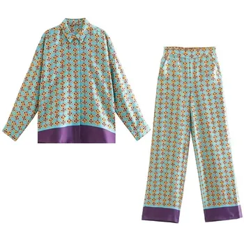 Пижамы для женщин с винтажным геометрическим принтом по низу, свободные рубашки в стиле Пэчворк, комплект из 2 предметов, Брюки, Повседневный женский Пижамный комплект, женская одежда