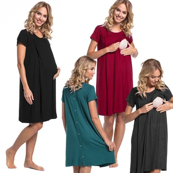 Платье для беременных в больнице ночная рубашка для беременных женщин Ночное белье для кормления Повседневный халат для кормления грудью с коротким рукавом