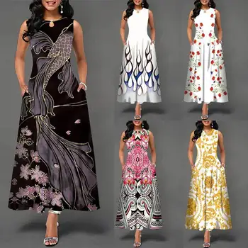 Платье с цветочным принтом 2023, Летнее женское платье с карманами, вечернее платье Femme Vestidos