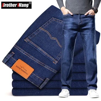Плюс размер 40 42 44 Осенние свободные толстые синие джинсы Мужские деловые повседневные хлопчатобумажные джинсовые брюки повышенной эластичности Мужская брендовая одежда