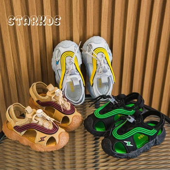 Пляжные сандалии для мальчиков, дизайн со вспышкой молнии, спортивные сандалии для малышей, мягкие сетчатые кроссовки, детская противоскользящая летняя обувь на плоской подошве
