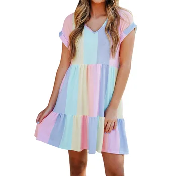Повседневные платья, летнее разноцветное платье в полоску контрастного цвета с принтом, V-образный вырез, короткий рукав