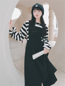 Поддельное платье в полоску с длинными рукавами и завязками из 2 предметов нерегулярной формы 2023 Весна Новые Женские Элегантные Свободные платья в Корейском стиле 8856