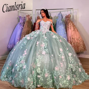 Пышные платья 2023 с аппликацией из хрустальных цветов, платье принцессы 15 лет на шнуровке