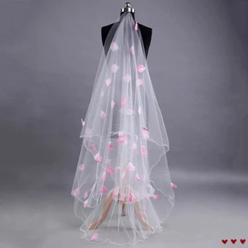 Романтическое свадебное платье с фатой, украшенное розовыми лепестками, слои фаты с тюлевой лентой по краю, свадебные вуали 2023 года выпуска