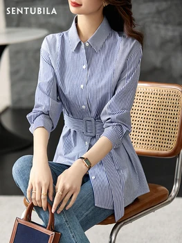 Рубашки и блузки в полоску в стиле пэчворк Sentubila для женщин 2023, весенняя мода, офисные женские хлопковые топы с длинными рукавами и завязками на поясе