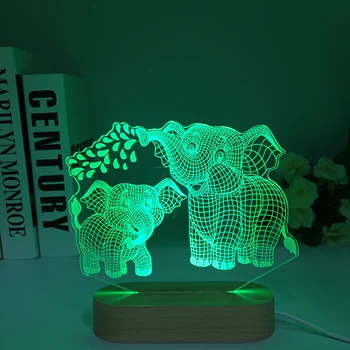 Светодиодный ночник Elephant 3D для украшения спальни Деревянный ночник Классные подарки на День рождения Декор комнаты Деревянная настольная лампа Elephant