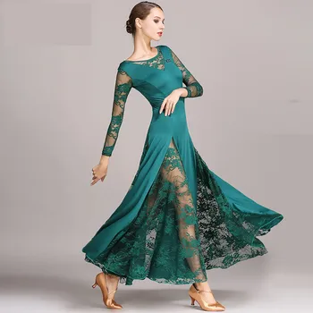Сексуальное кружевное платье для бальных танцев с длинными рукавами, платья для вальса, танго, стандартное платье, черное/ красное / синее /зеленое