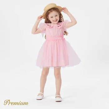 Сетчатое платье с пышными рукавами и вышитым воротником PatPat для маленьких девочек