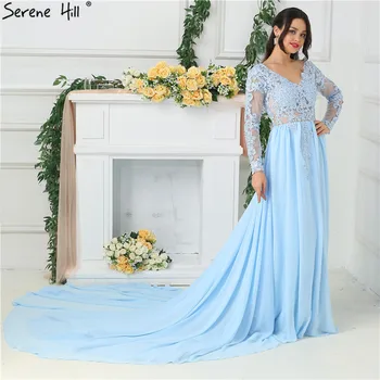 Синие Сексуальные Шифоновые вечерние платья с глубоким V-образным вырезом, аппликации с блестками, Длинные рукава, Простые вечерние платья 2023 Serene Hill HA2180