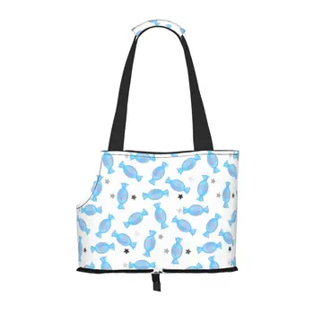 Синяя сумка-переноска для мультяшных конфетных собачек с карманом и страховочным тросом, мягкая сумка-переноска для собак для домашних животных, сумка-тоут для покупок на открытом воздухе