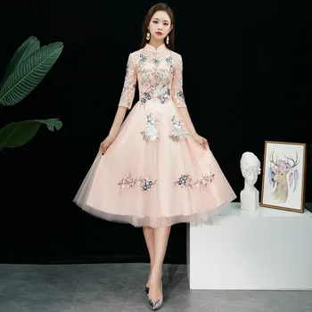 Современное китайское платье с вышивкой Чонсам Халат с воротником-стойкой Винтажное женское платье Ципао Миди Элегантные китайские платья FF1835