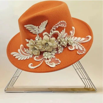 Стразы из фетровой шляпы с цветами украшают элегантные женские шляпы высокого класса, свадебные шляпы для джаза в церкви, модные женские шляпы 2023 года