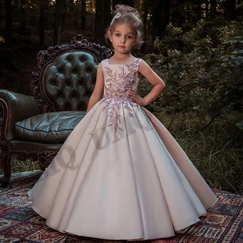Темно-розовое атласное платье для малышей с аппликацией на день рождения для девочки-цветочницы, Свадебная вечеринка, показ мод, Первое причастие Для всех возрастов