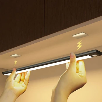 Ультратонкий ночник, светодиодная подсветка под шкафом, датчик движения, Магнитный светильник в шкафу, USB-аккумуляторная лампа для освещения кухни
